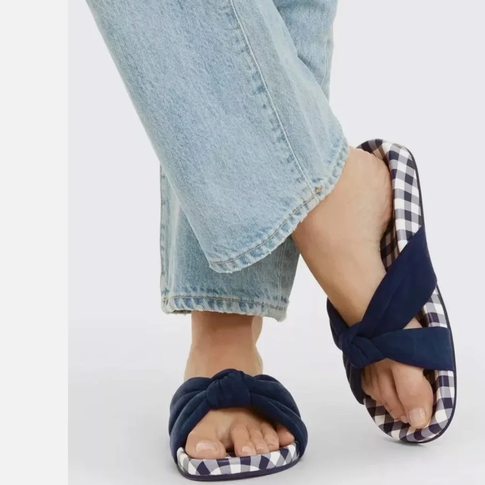 DRAPER JAMES STELLA SLIDES WOMENS SZ 7.5 NAVY & WHITE PLAID GINGHAM SANDAL - Picture 2 of 10